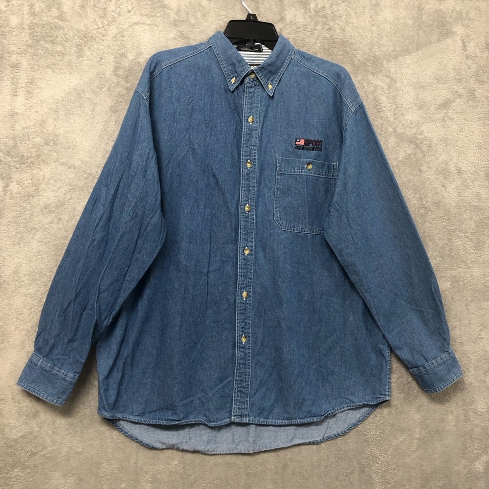 Vintage Obermeyer Womens Chambray Shirt Large Blue Button Up Long Sleeve